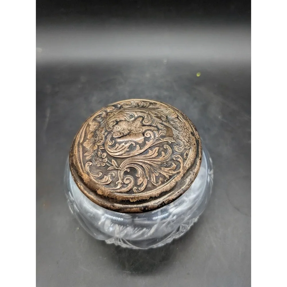 Antique Cut Glass Vanity Jar with Ornate Repousse Floral Metal Lid Starburst